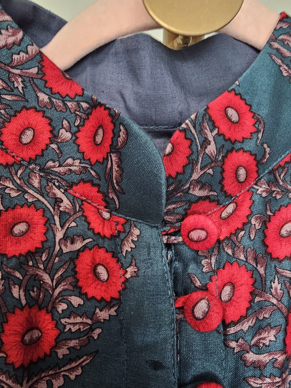 Vintage Teal Red Floral Satin Boho Maxi Dress Mandarin Collar Cottagecore - Picture 7 of 14